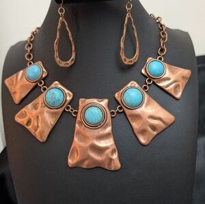 #46. Vintage Hammered Copper and Turquoise Statement Necklace and Earring Set